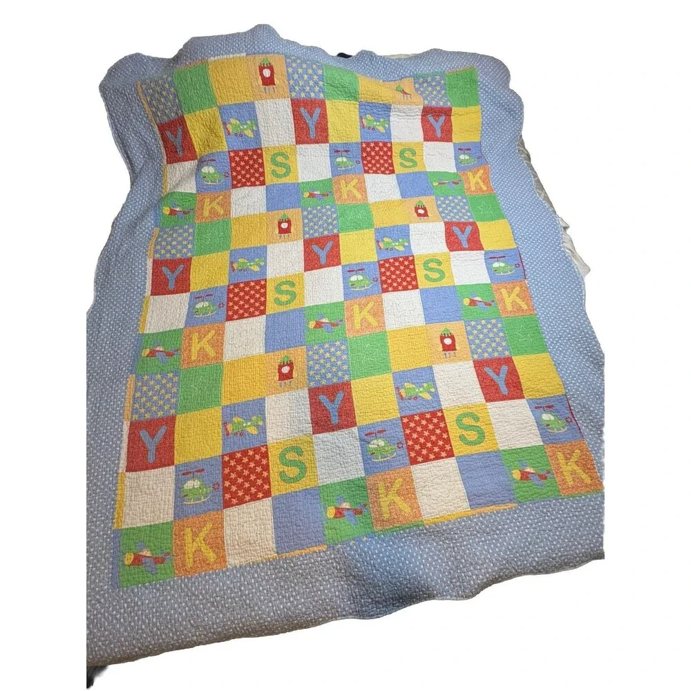 Quilt Airplane Sky Helicopter Blue Green Checkered Back Flaw 68”79” Twin